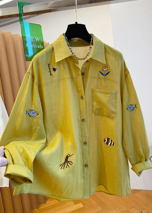 Shirt Embroidered Natural Peter Tops Collar Pan Yellow Cotton