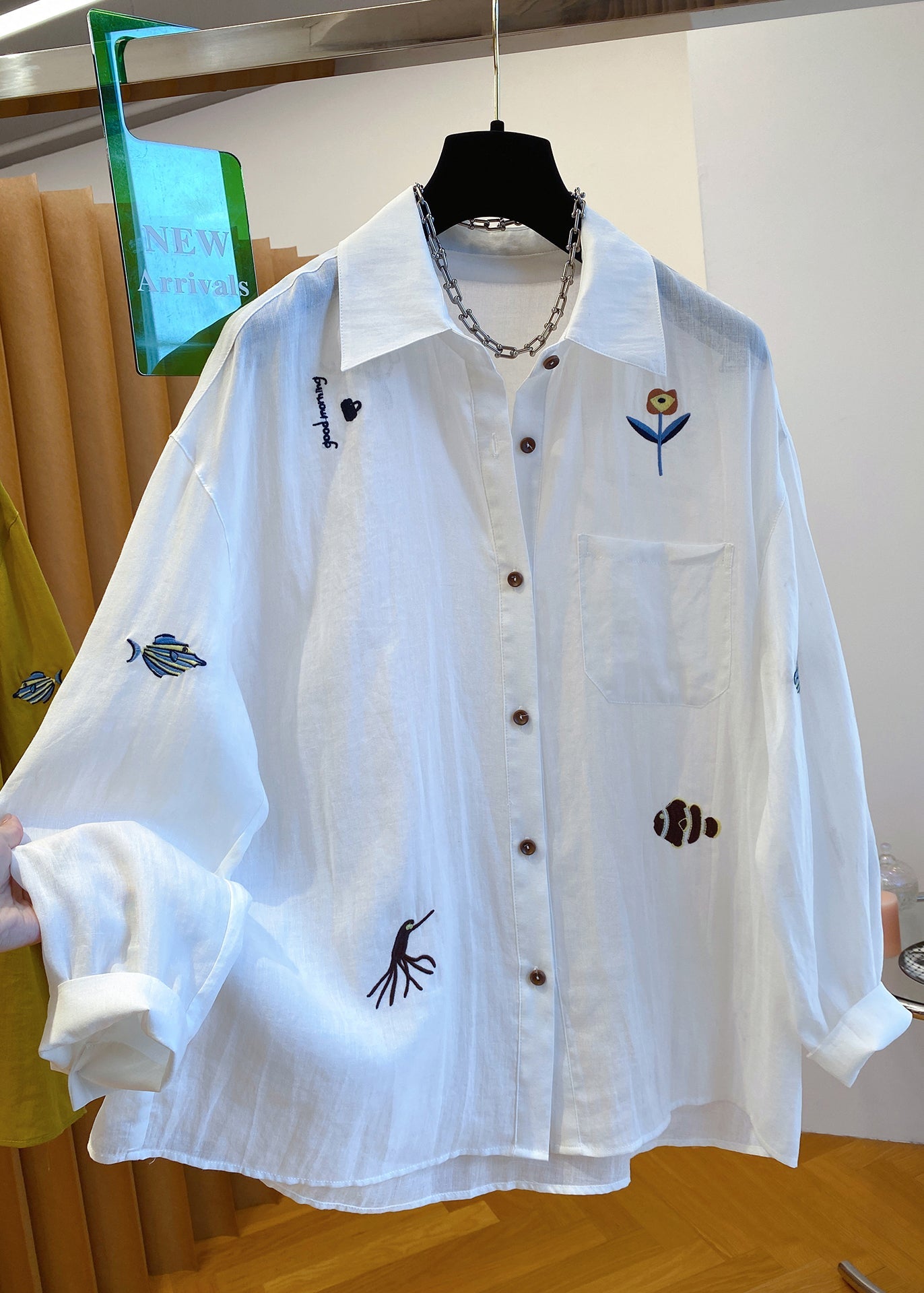Shirt Embroidered Natural Peter Tops Collar Pan Yellow Cotton