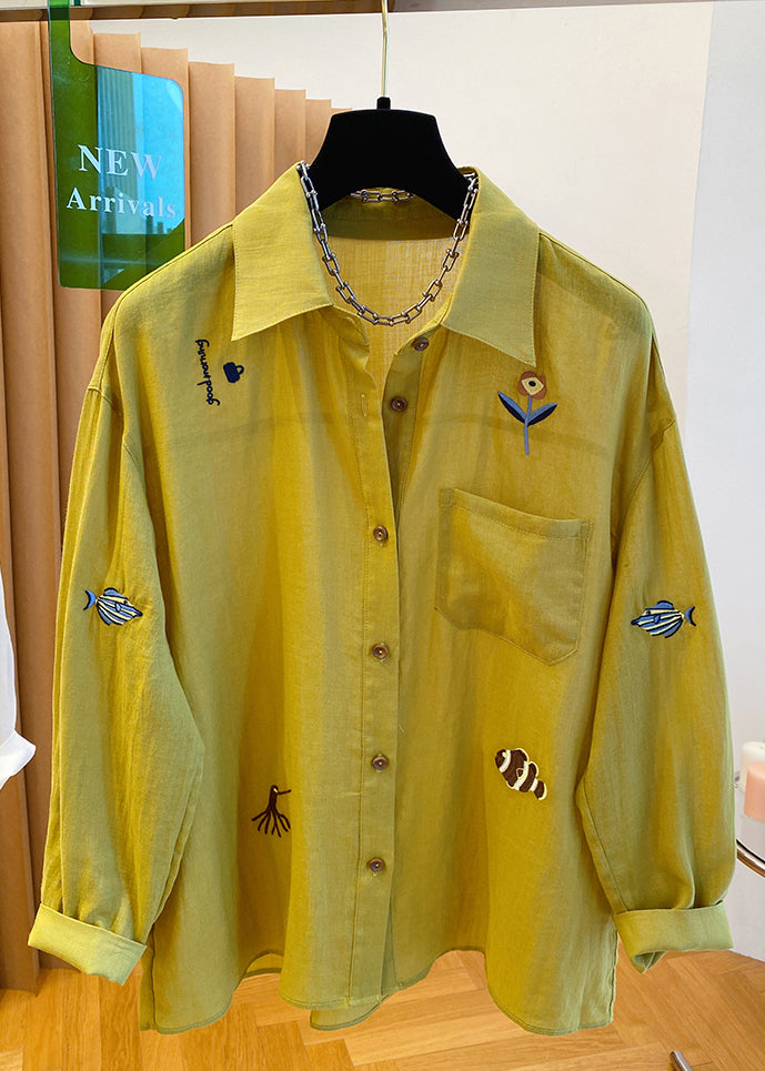Shirt Embroidered Natural Peter Tops Collar Pan Yellow Cotton