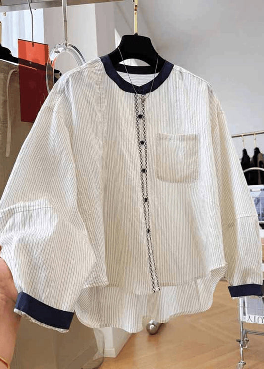 Striped Pockets Apricot Tops New Blouse Fall Cotton O Neck