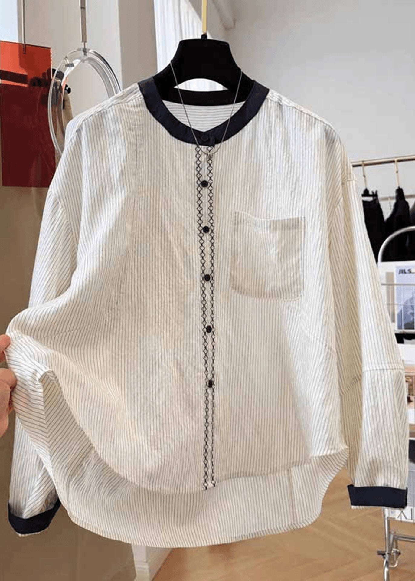 Striped Pockets Apricot Tops New Blouse Fall Cotton O Neck