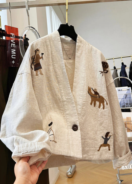 Fall New Coats Linen Embroidered Neck Patchwork V Beige