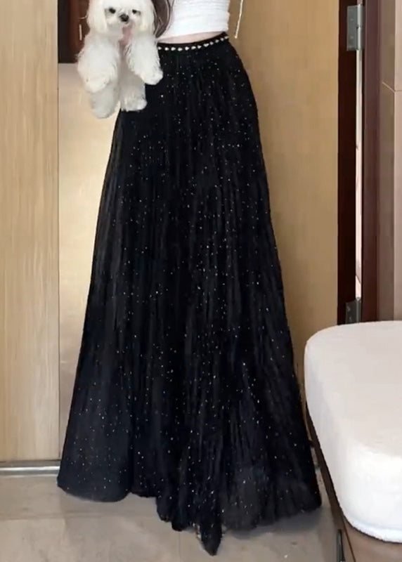 Summer Wrinkled Zircon New Tulle Skirts Black Maxi