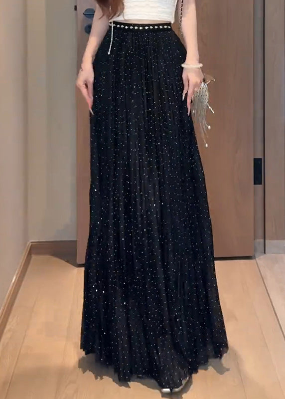 Summer Wrinkled Zircon New Tulle Skirts Black Maxi