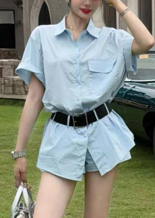 Set Cotton Piece And Summer Shirts Two New Blue Shorts Button