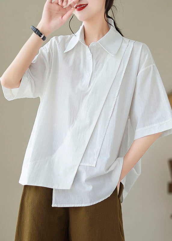 Summer White Patchwork New Button Asymmetrical Shirt Cotton