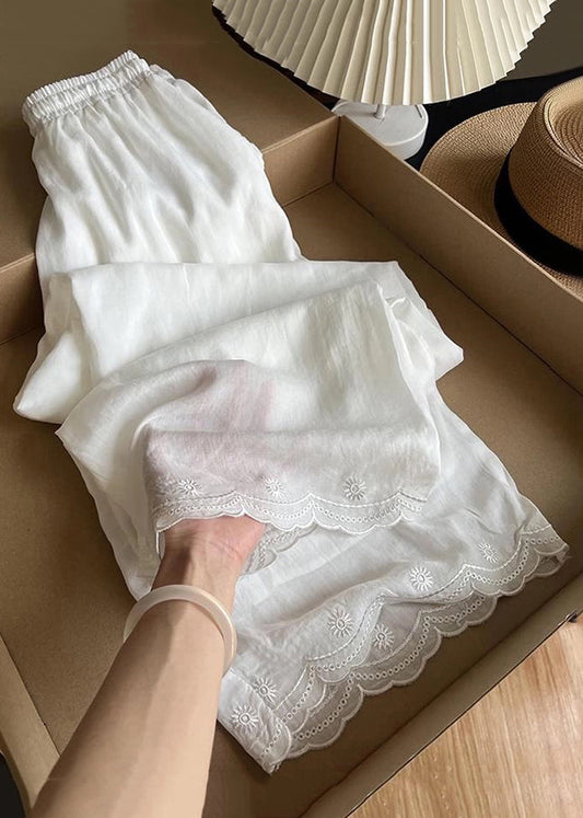 Embroidered Waist Pants New White Linen Summer Elastic Thin