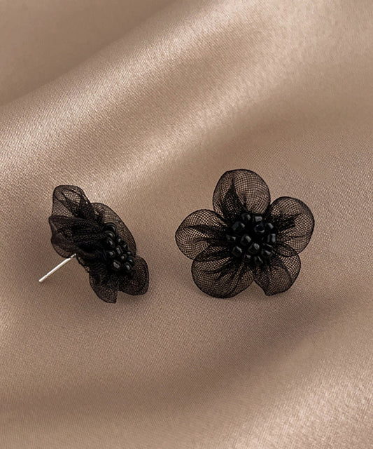 Original Black Stud Earrings Floral Design Tulle