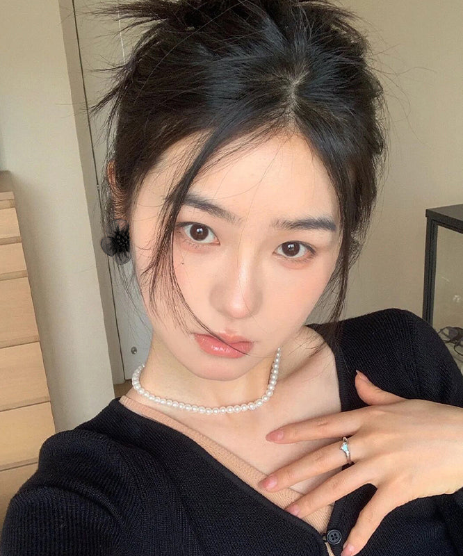 Original Black Stud Earrings Floral Design Tulle