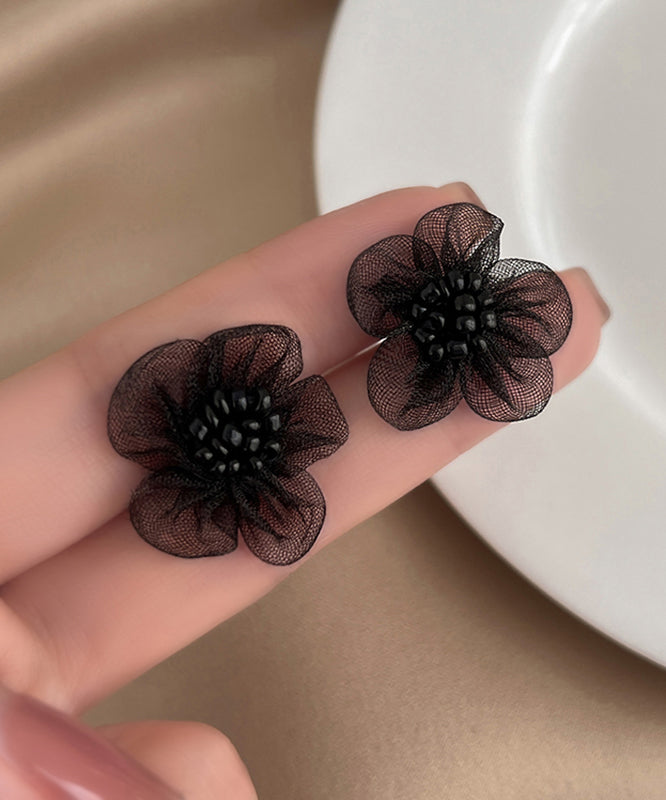 Original Black Stud Earrings Floral Design Tulle