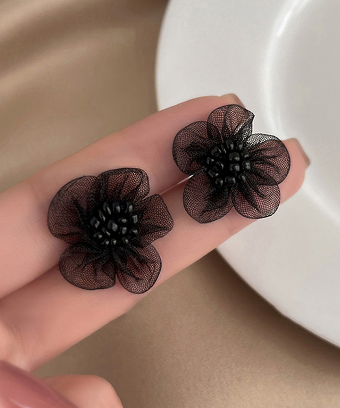 Original Black Stud Earrings Floral Design Tulle