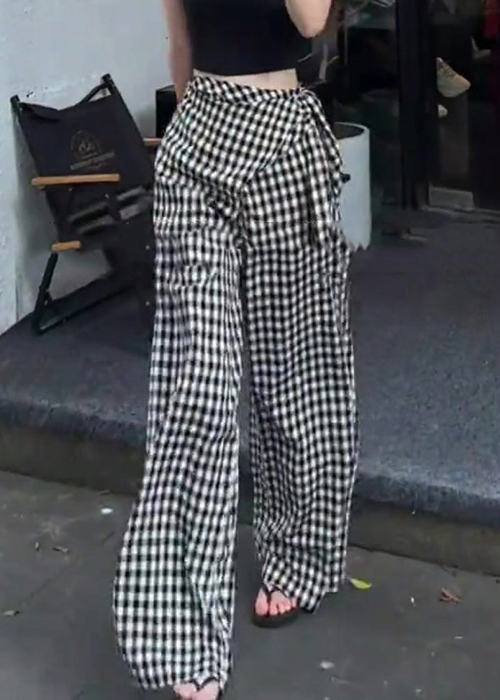 White Summer Plaid Black Cotton Original High Waist Pants Design