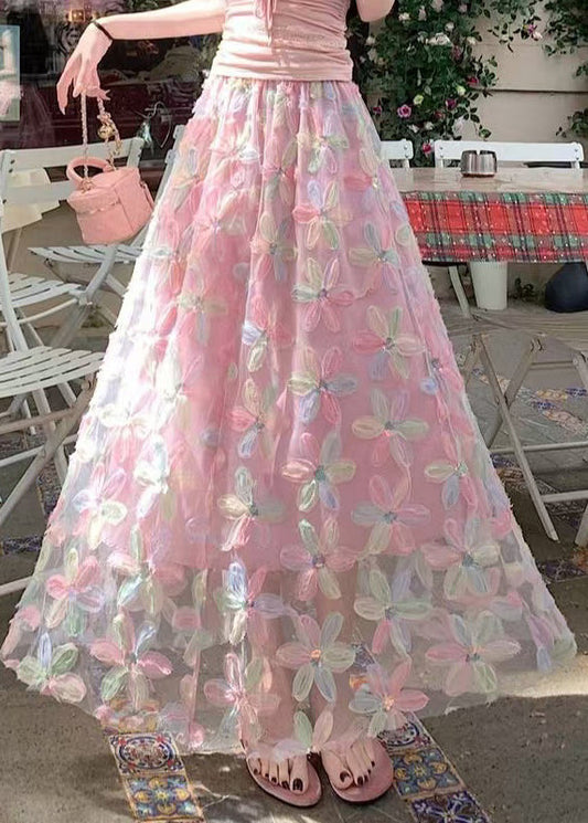 Line Waist A Pink Sequins Elastic Skirts Tulle