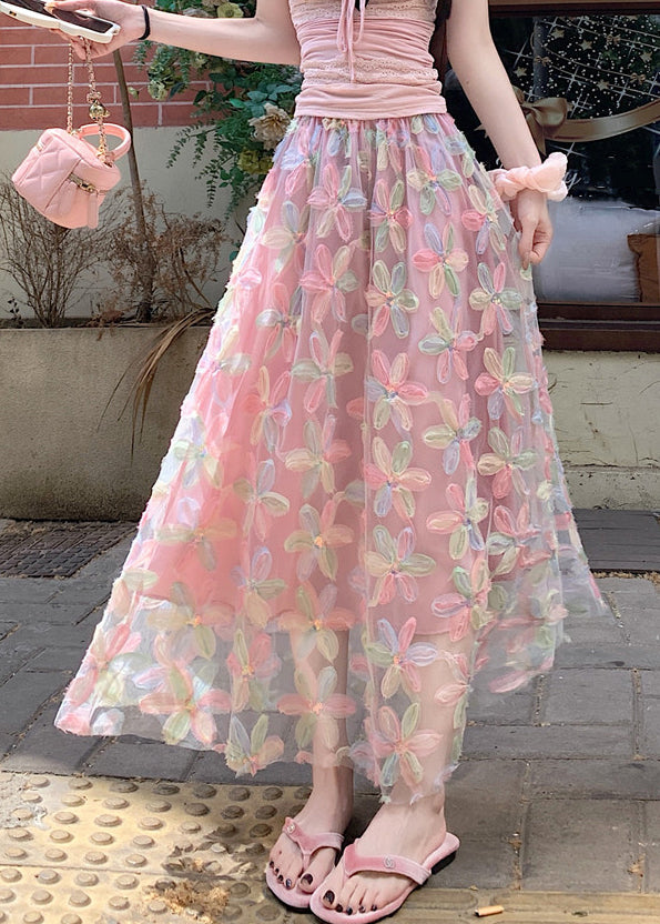 Line Waist A Pink Sequins Elastic Skirts Tulle