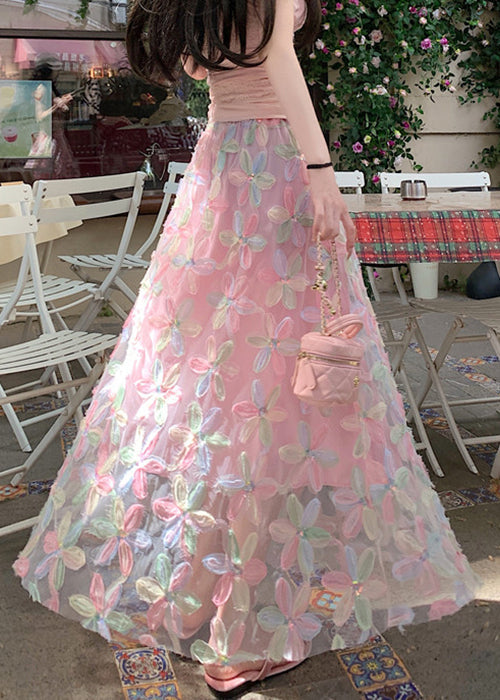 Line Waist A Pink Sequins Elastic Skirts Tulle