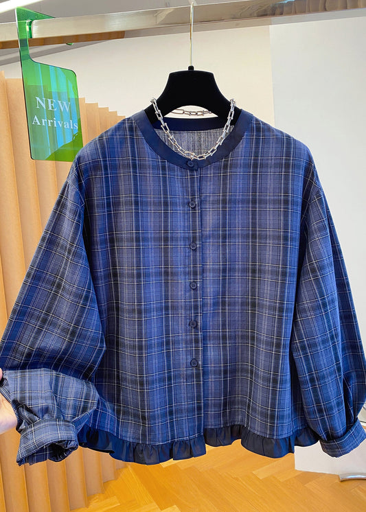 Top Plus Cotton Fall Size Blue O Ruffled Shirt Plaid Neck