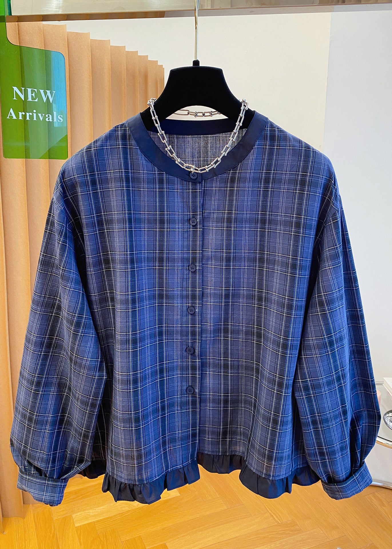 Top Plus Cotton Fall Size Blue O Ruffled Shirt Plaid Neck