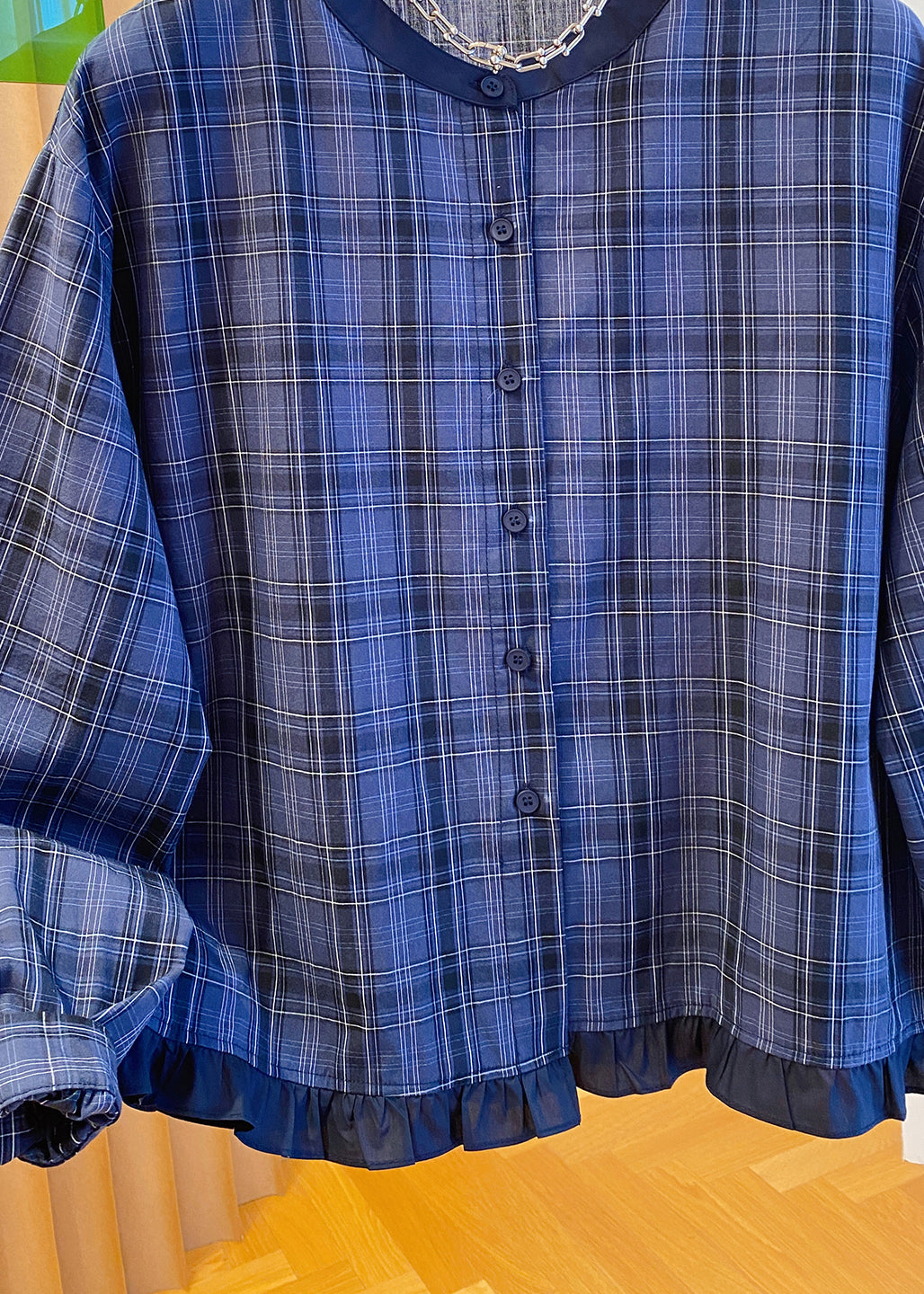 Top Plus Cotton Fall Size Blue O Ruffled Shirt Plaid Neck