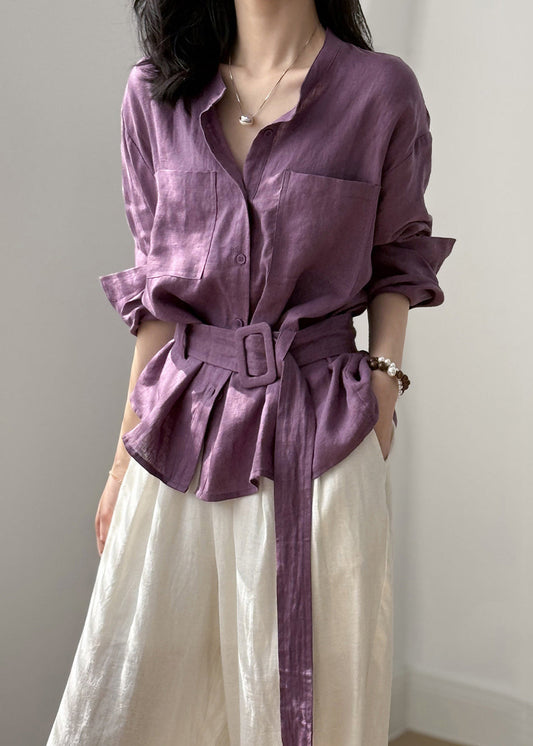 Linen Shirt Top Neck O Purple Button Pockets