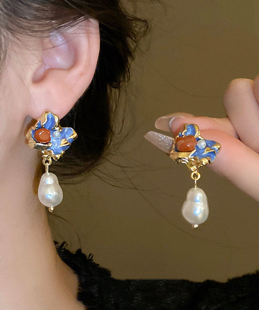 Copper Drop Floral Retro Alloy Pearl Earrings Multicolor