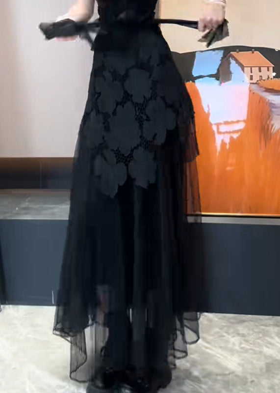 Hollow Slim Tulle Patchwork Out Black Summer Skirt Fit