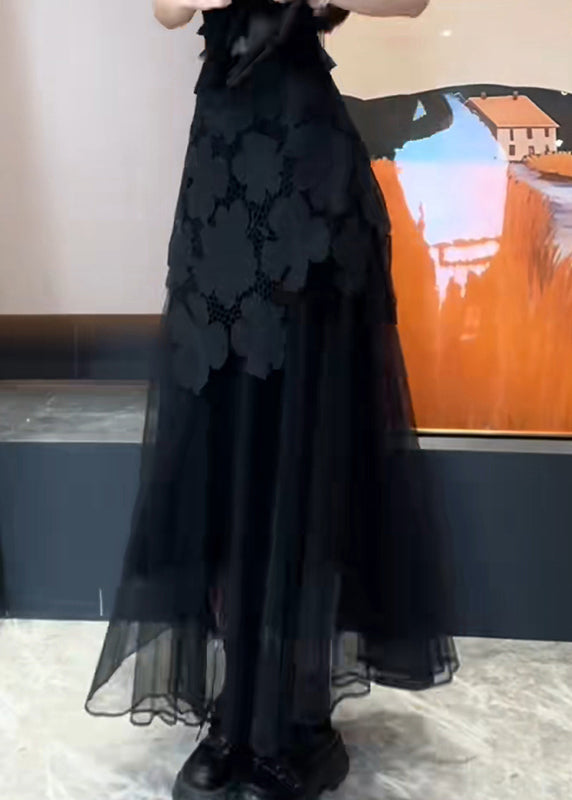 Hollow Slim Tulle Patchwork Out Black Summer Skirt Fit