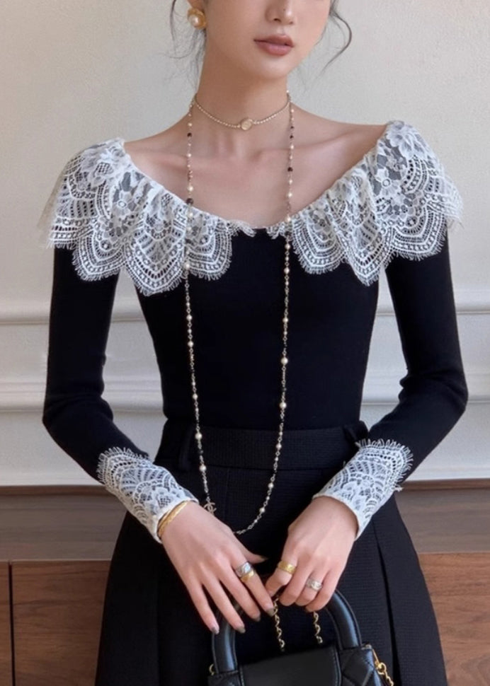 Fall Cotton Patchwork Lace Black Slim T Fit Shirt