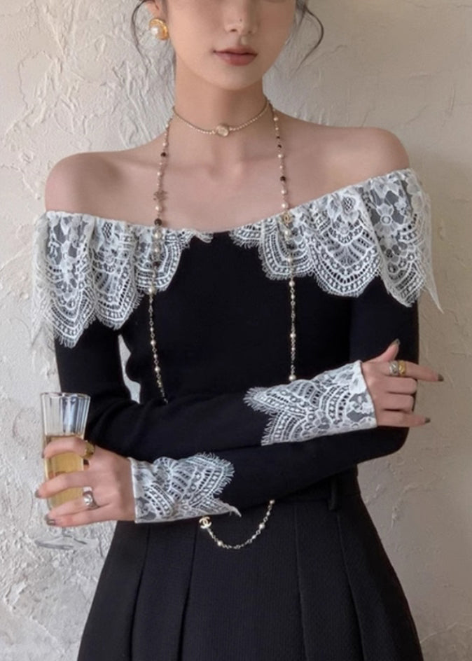 Fall Cotton Patchwork Lace Black Slim T Fit Shirt