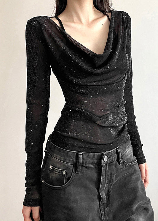 Tulle Fall V Fit Slim T Neck Black Shirts Sequins