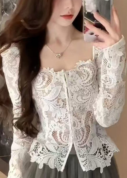 Out White Slim Hollow Fit Fall Collar Shirt Square Lace