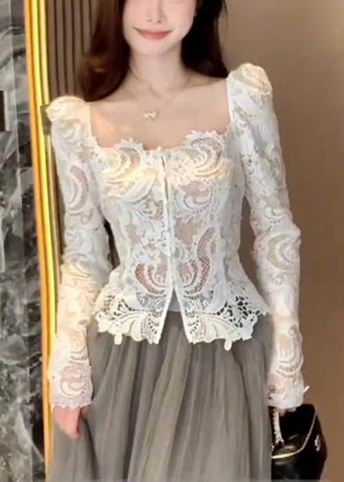 Out White Slim Hollow Fit Fall Collar Shirt Square Lace