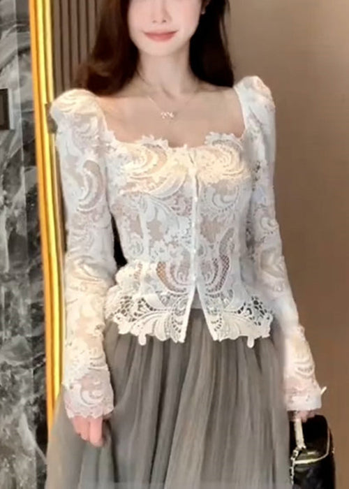 Out White Slim Hollow Fit Fall Collar Shirt Square Lace