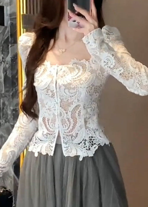 Out White Slim Hollow Fit Fall Collar Shirt Square Lace