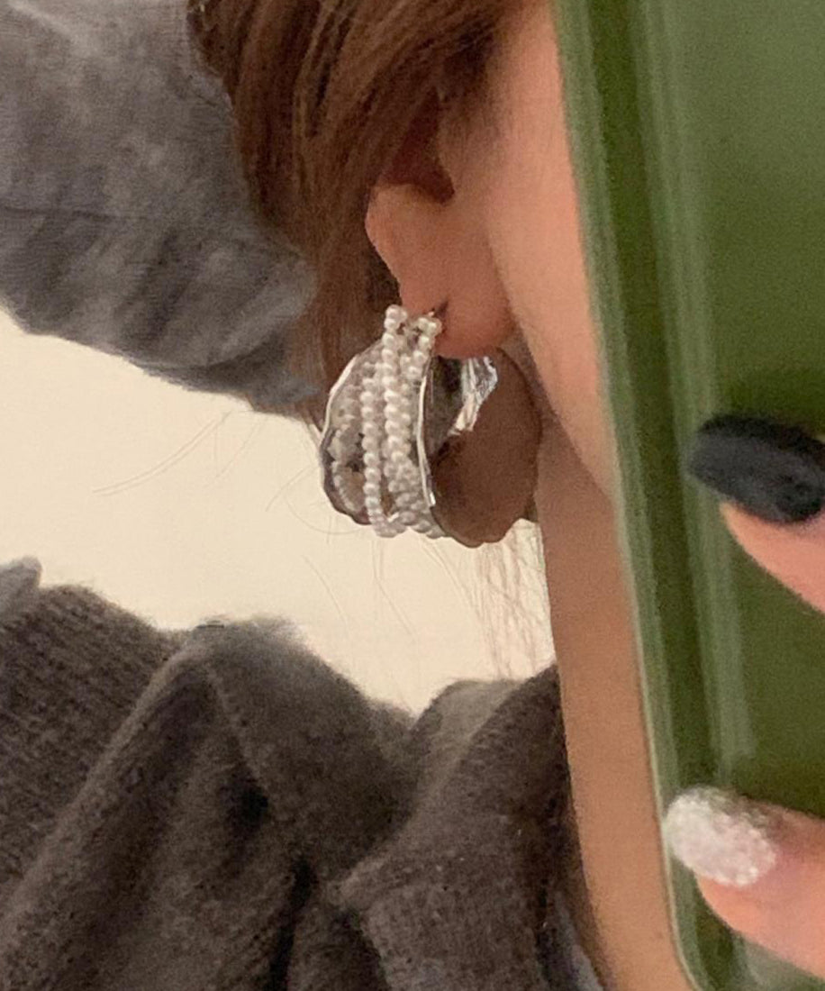 Earrings Sterling Silk Style Hoop Silver Pearl