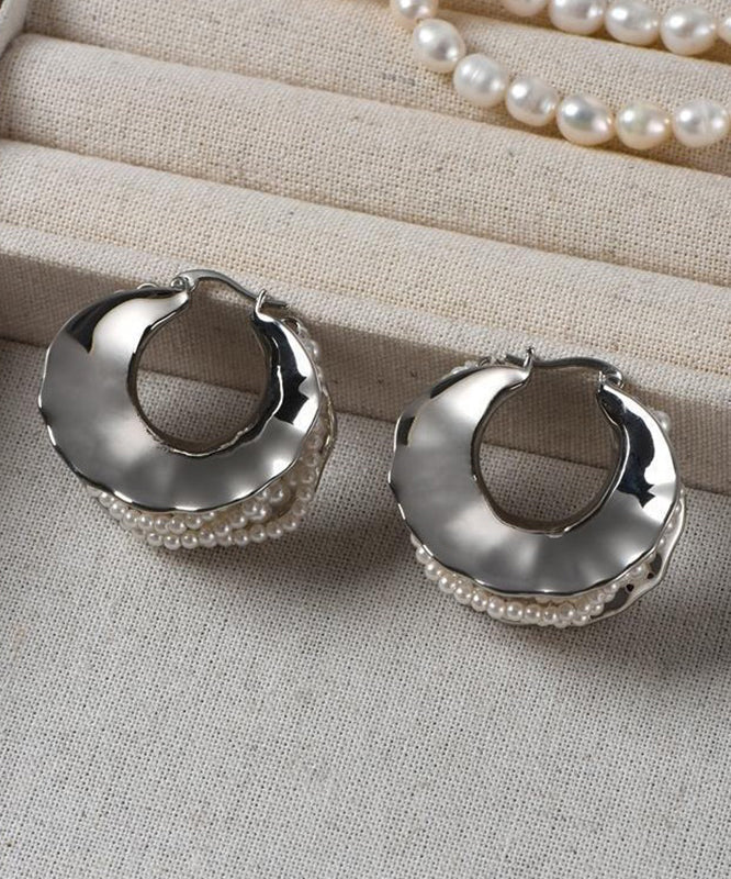 Earrings Sterling Silk Style Hoop Silver Pearl