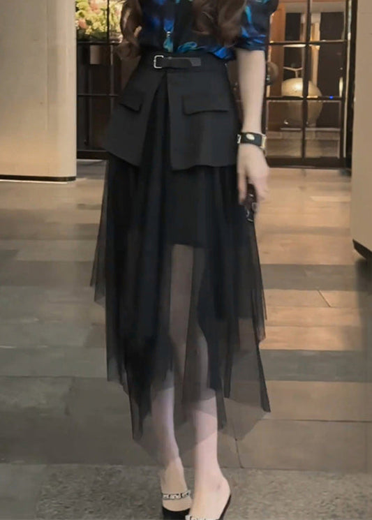 Black Tulle Stylish High Patchwork Skirt Waist Summer