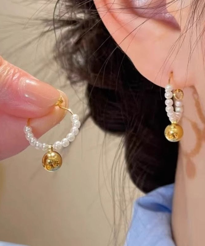 Metal Earrings Hoop Beading Colorblock Stylish Pearl