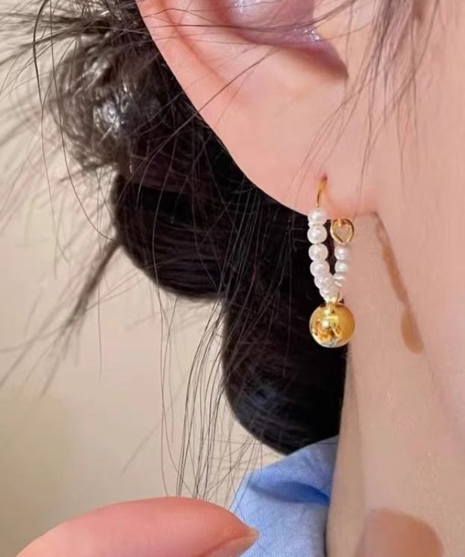 Metal Earrings Hoop Beading Colorblock Stylish Pearl