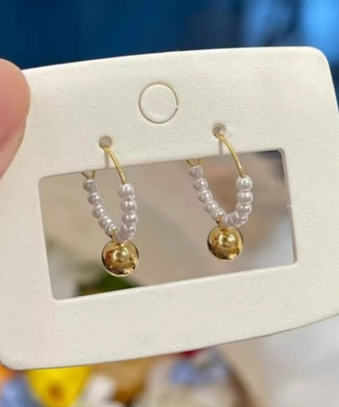 Metal Earrings Hoop Beading Colorblock Stylish Pearl