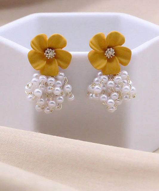 Tassel Earrings Pearl Floral Yellow Alloy Drop Stylish