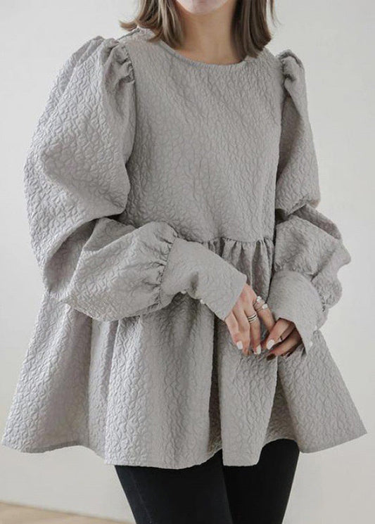 Fall Grey Blouse Emboss Cotton Unique Up Back Lace Tops