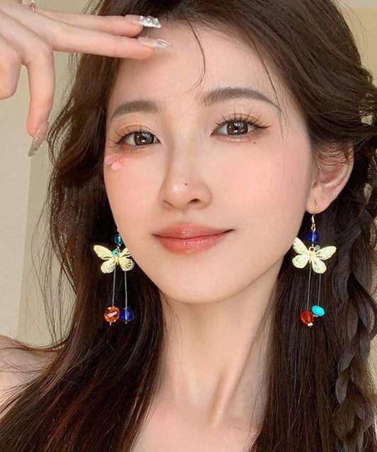 Unique Rainbow Alloy Butterfly Earrings Asymmetrical Crystal Drop