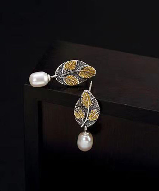 Vintage Colorblock Sterling Silver Pearl Leaf Drop Earrings PO042