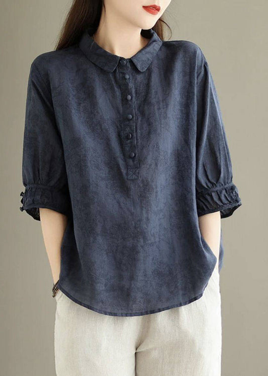 Top Shirt Print Pan Navy Cotton Collar Vintage Summer Peter