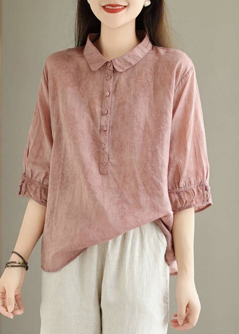 Top Shirt Print Pan Navy Cotton Collar Vintage Summer Peter