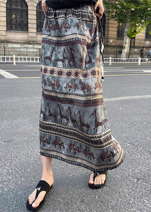 Waist Elastic Vintage Print Summer Side Skirt Open Cotton