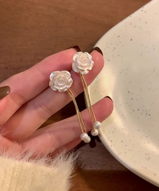 Earrings Copper Vogue White Camellia Drop Flower Pearl Tassel