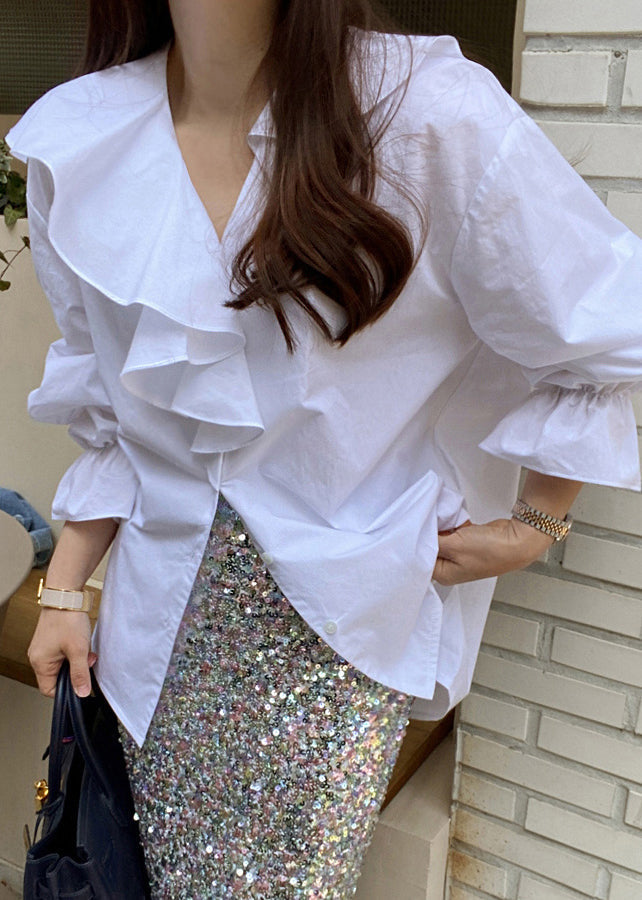 Fall Blouse Cotton Tops White Ruffles Asymmetrical