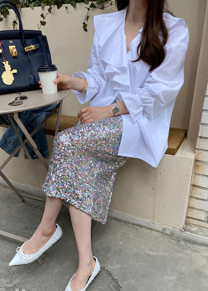 Fall Blouse Cotton Tops White Ruffles Asymmetrical