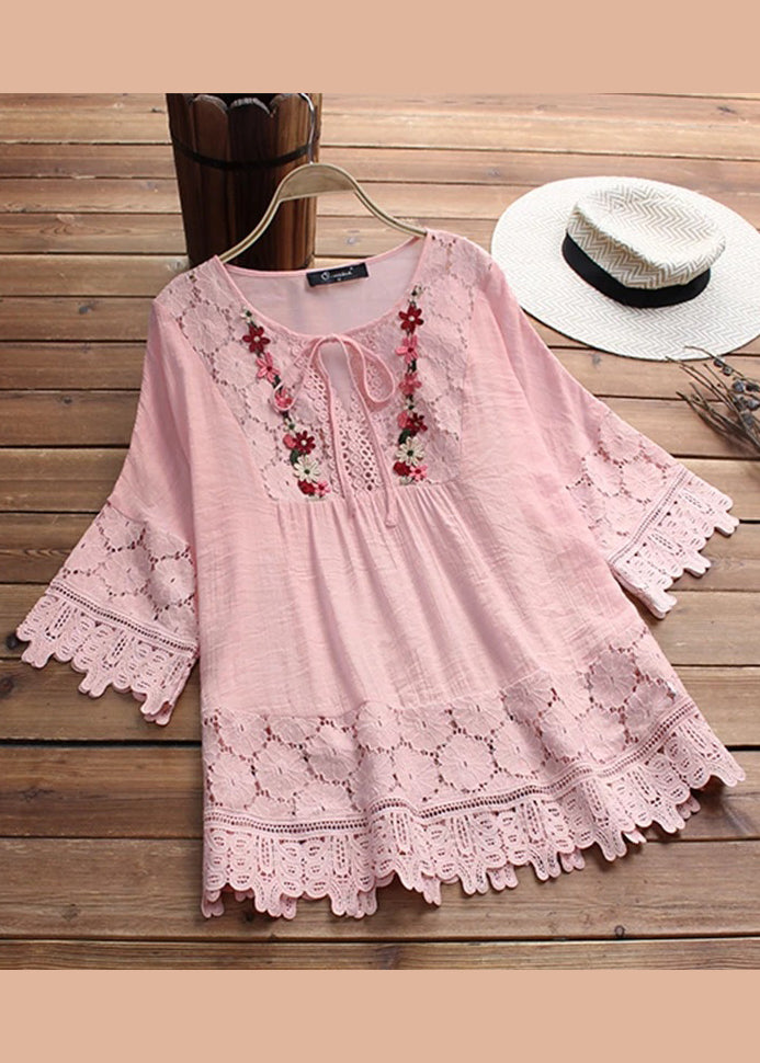 Lace Neck Summer T Patchwork Women Apricot Shirt O